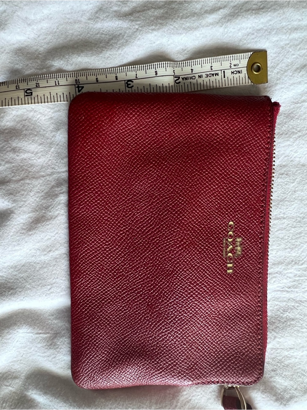 Coach Red Textured Leather Wristlet Pouch with Gold Logo